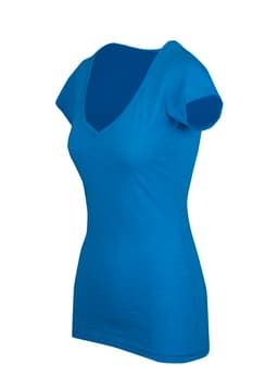 A blue women's raw cotton wave V-neck t-shirt featuring short sleeves and a fitted design.