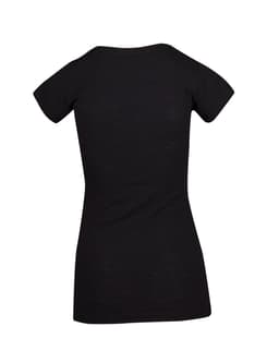A black V-neck T-shirt with a fitted silhouette, made from raw cotton, featuring short sleeves and no visible branding.