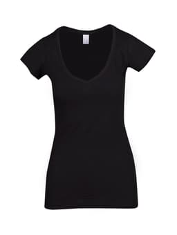 A black women's raw cotton wave V-neck t-shirt with cap sleeves and a fitted design. It features a logo.