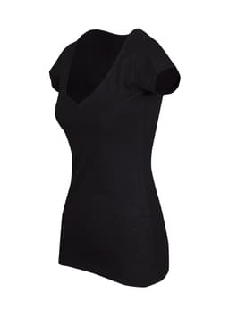 A black women's raw cotton wave V-neck t-shirt with short sleeves, featuring a relaxed fit and a subtle texture.