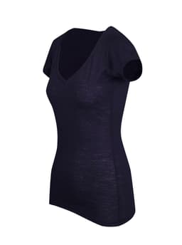 A navy blue women's raw cotton wave V neck t-shirt with short sleeves and a fitted design.