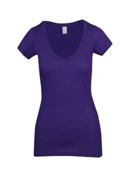 A purple women's raw cotton wave V neck t-shirt featuring a fitted design and short sleeves.