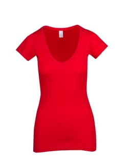 A red women's raw cotton wave v-neck t-shirt with short sleeves and a fitted design. It features a brand logo.
