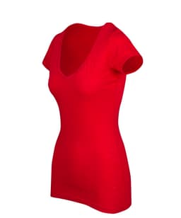 A red women's raw cotton wave V-neck T-shirt displayed at an angle, showcasing its fitted style and short sleeves.