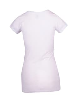 A white women's raw cotton wave V-neck T-shirt featuring a fitted design and short sleeves, with a logo at the back.