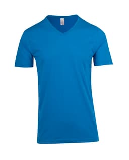 A blue V-neck t-shirt made from raw cotton with short sleeves. It features a logo on the tag.