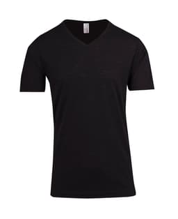 A black raw cotton V-neck T-shirt with short sleeves and a logo on the label.