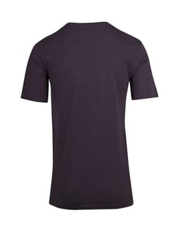 A grey raw cotton V-neck T-shirt with short sleeves, featuring a logo on the back.