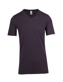 A dark grey unisex raw cotton V-neck T-shirt with short sleeves and a simple design. It features a brand logo.