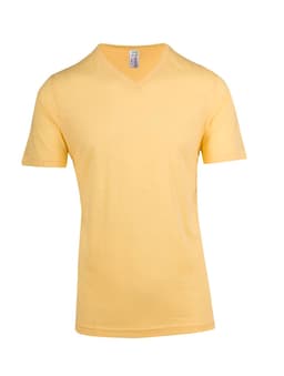 A yellow men's/unisex raw cotton wave V-neck T-shirt with short sleeves and a logo on the label.