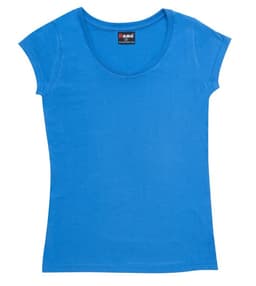A blue women's jersey scoop neck T-shirt featuring short sleeves and a fitted design. Includes a logo on the neckline.