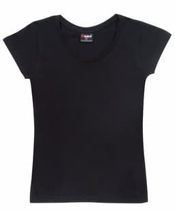 A black women's jersey scoop neck T-shirt laid flat, featuring short sleeves and a label at the neckline.