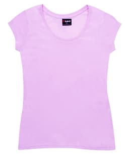 A lilac women's jersey scoop neck T-shirt with short sleeves and a branding label at the neckline.