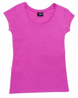 A pink women's jersey scoop neck T-shirt with short sleeves and a logo tag.