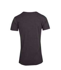 A dark grey marl crew neck T-shirt with short sleeves, featuring a logo on the back.