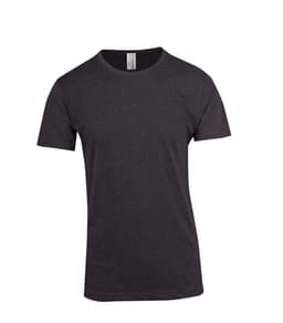 A Marl crew neck T-shirt in a dark grey colour, featuring short sleeves and a label inside the collar.