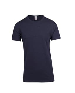 A navy marl crew neck t-shirt with short sleeves, featuring a logo on the label.