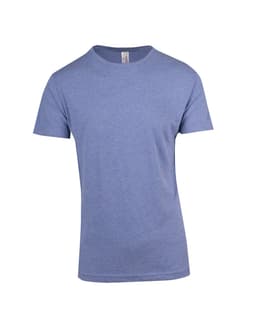 A unisex marl crew neck T-shirt in a light blue colour, featuring a simple design and a tag label.