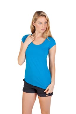 A blue women's scoop neck t-shirt displayed on a model, paired with black shorts. The t-shirt has a logo.