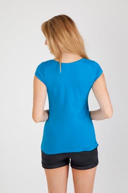 A women's scoop neck T-shirt in blue, featuring a fitted design and short sleeves, worn with black shorts.