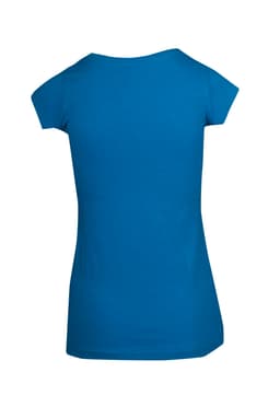 A women's scoop neck T-shirt in blue, featuring short sleeves and a simple, smooth back design.