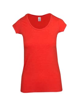 A red women's marl scoop neck T-shirt with short sleeves and a soft, casual fit. It features a logo.
