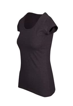 A dark grey women's scoop neck T-shirt with short sleeves and a fitted shape, featuring a logo.