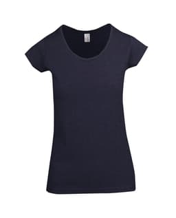 A women's dark navy marl scoop neck T-shirt featuring short sleeves and a fitted design, with a logo.