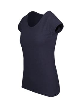 A navy blue women's marl scoop neck T-shirt with short sleeves and a fitted silhouette. It features a logo on the side.