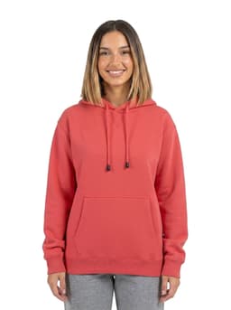 A blue women's kangaroo pocket hoodie displayed on a model, featuring a drawstring hood and a front pocket.