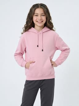 A bright blue women's hoodie with a kangaroo pocket, featuring a hood and seen from the back.