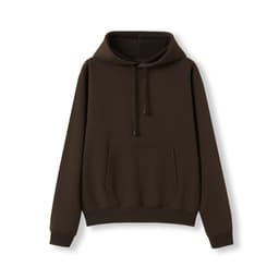 A brown women's hoodie with a kangaroo pocket and a hood. It has a simple design and fitted style.
