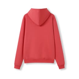 A pink hoodie with a kangaroo pocket and a hood, shown from the back. It features a simple design.