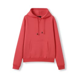 A coral kangaroo pocket hoodie with a drawstring hood and a front pocket. It features a logo on the front.