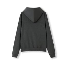 A grey women's juniors kangaroo pocket hoodie featuring a hood and long sleeves, shown from the back.
