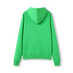 A green women's juniors hoodie with a kangaroo pocket, featuring a hood and long sleeves.