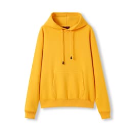 A yellow women's juniors kangaroo pocket hoodie with a drawstring hood and a front pocket, featuring a logo.
