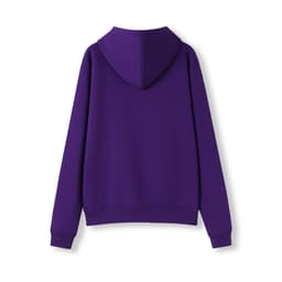 A purple women's juniors hoodie with a kangaroo pocket and a hood, featuring a logo on the back.