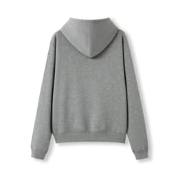 A grey kangaroo pocket hoodie featuring a hood and long sleeves, shown from the back.