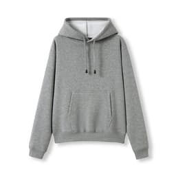 A grey women's juniors hoodie with a kangaroo pocket and a drawstring hood, featuring a logo.