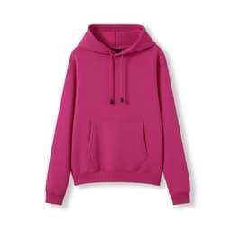 A bright pink kangaroo pocket hoodie with a hood and drawstrings. Features a front pouch and long sleeves.