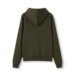 A women's junior kangaroo pocket hoodie in olive green, featuring a hood and long sleeves, with a logo present.