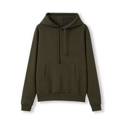 A women's juniors kangaroo pocket hoodie in olive green, featuring a front pocket and drawstring hood.