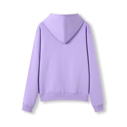 A lilac hoodie with a kangaroo pocket and a hood, featuring a smooth finish. It has a logo on the back.