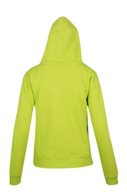 A bright green women's hoodie featuring a kangaroo pocket and a hood. The back of the hoodie is visible.