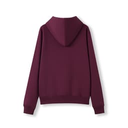 A back view of a maroon women's juniors kangaroo pocket hoodie with a fitted design and a hood.