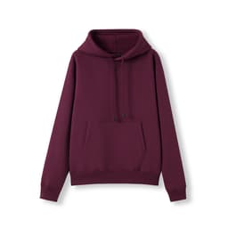 A burgundy women's juniors hoodie featuring a kangaroo pocket and a drawstring hood. It has a logo on the front.