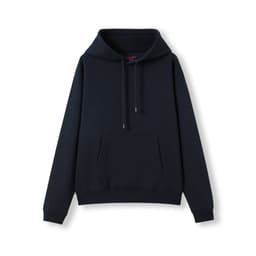 A navy blue women's juniors kangaroo pocket hoodie with a hood and drawstrings, featuring a logo.