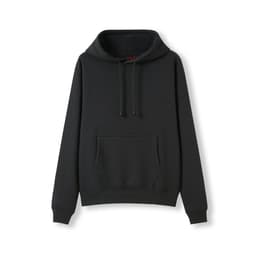 A women's juniors kangaroo pocket hoodie in black, featuring a drawstring hood and a front pocket.
