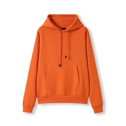 An orange kangaroo pocket hoodie with a hood and drawstrings. Features a front pocket and long sleeves.